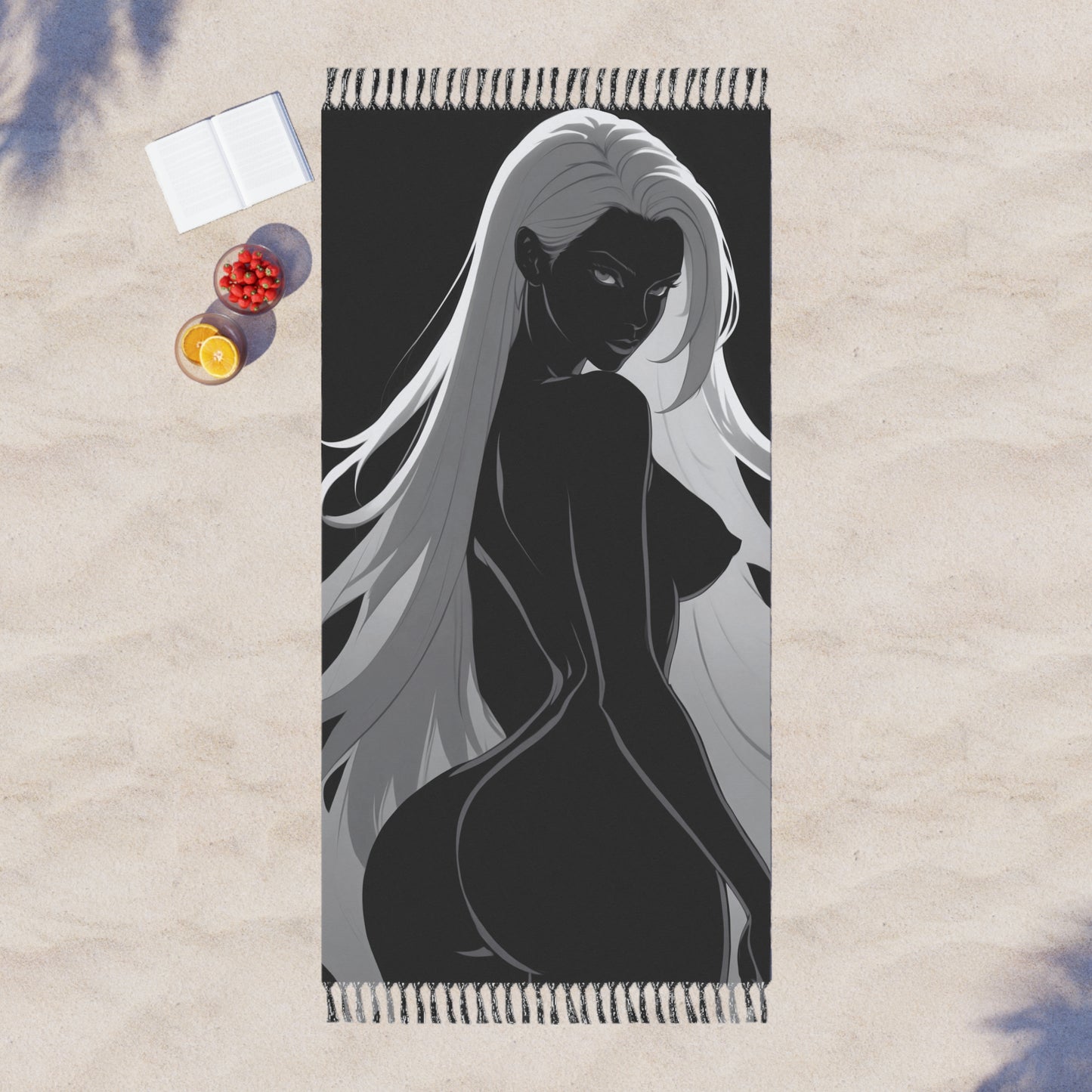 "Ink Symphony: Duality of a Cartoon Woman's Silhouette" - Towel - Boho Beach Towel