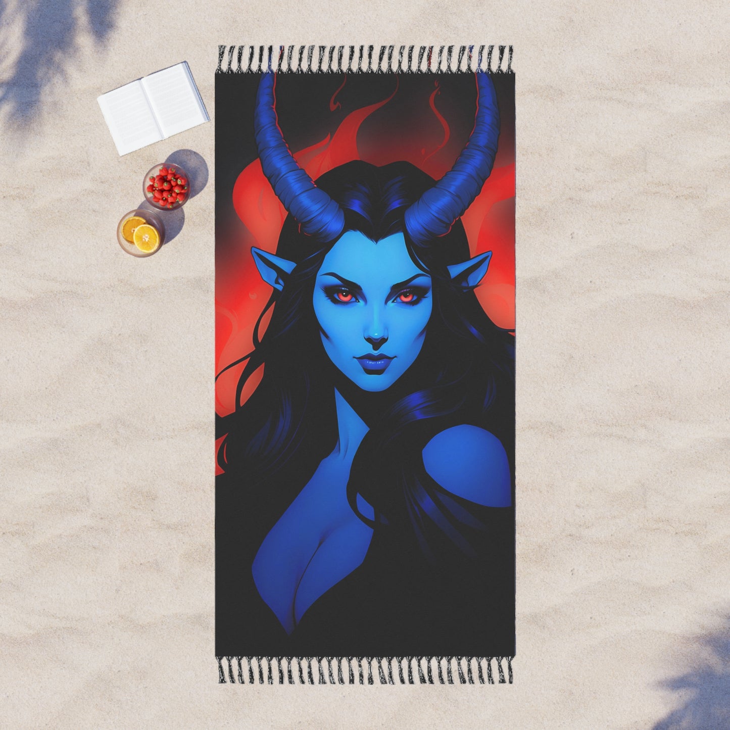 "Infernal Intentions: The Fiery Purpose of the Red and Blue Tiefling Maiden" - Towel - Boho Beach Towel