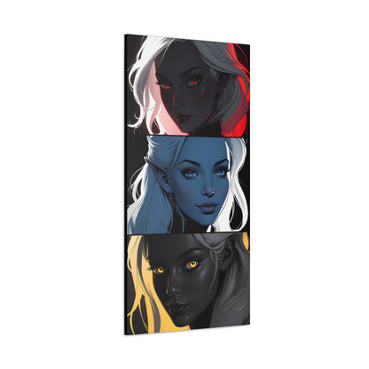 Triadic elegance: elf-like faces in red, blue and yellow