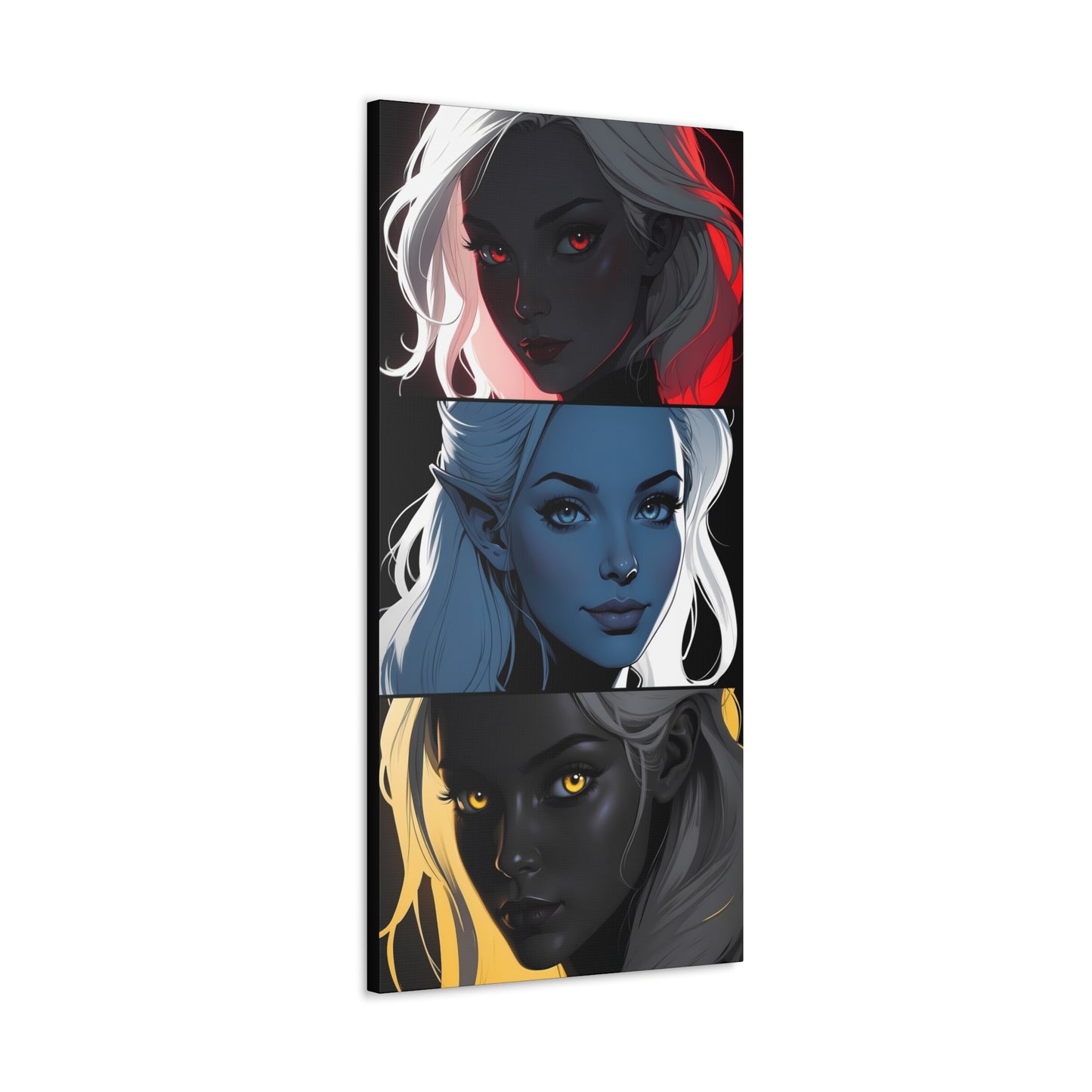 Triadic elegance: elf-like faces in red, blue and yellow