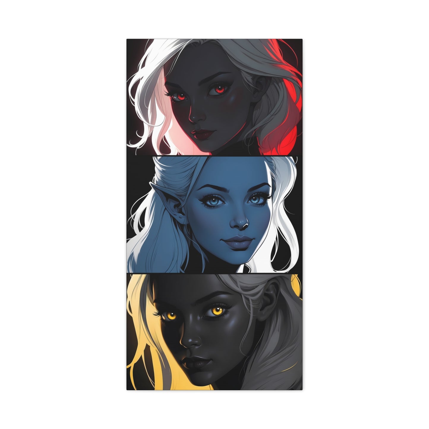 Triadic elegance: elf-like faces in red, blue and yellow