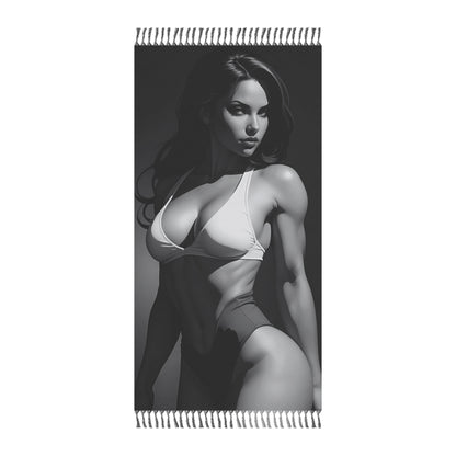 "Raven locks and iron will: The muscular courtesan in a captivating pose" - Towel - Boho beach towel