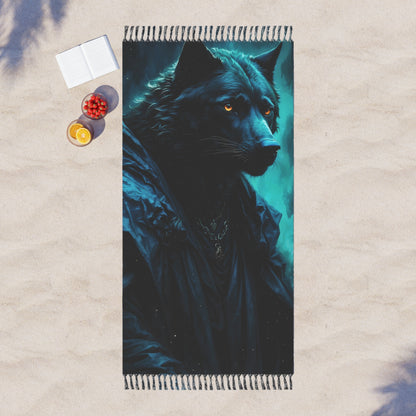 "Lunar Lament: The Melancholy Reverie of the Midnight Wolf" - Towel - Boho Beach Towel