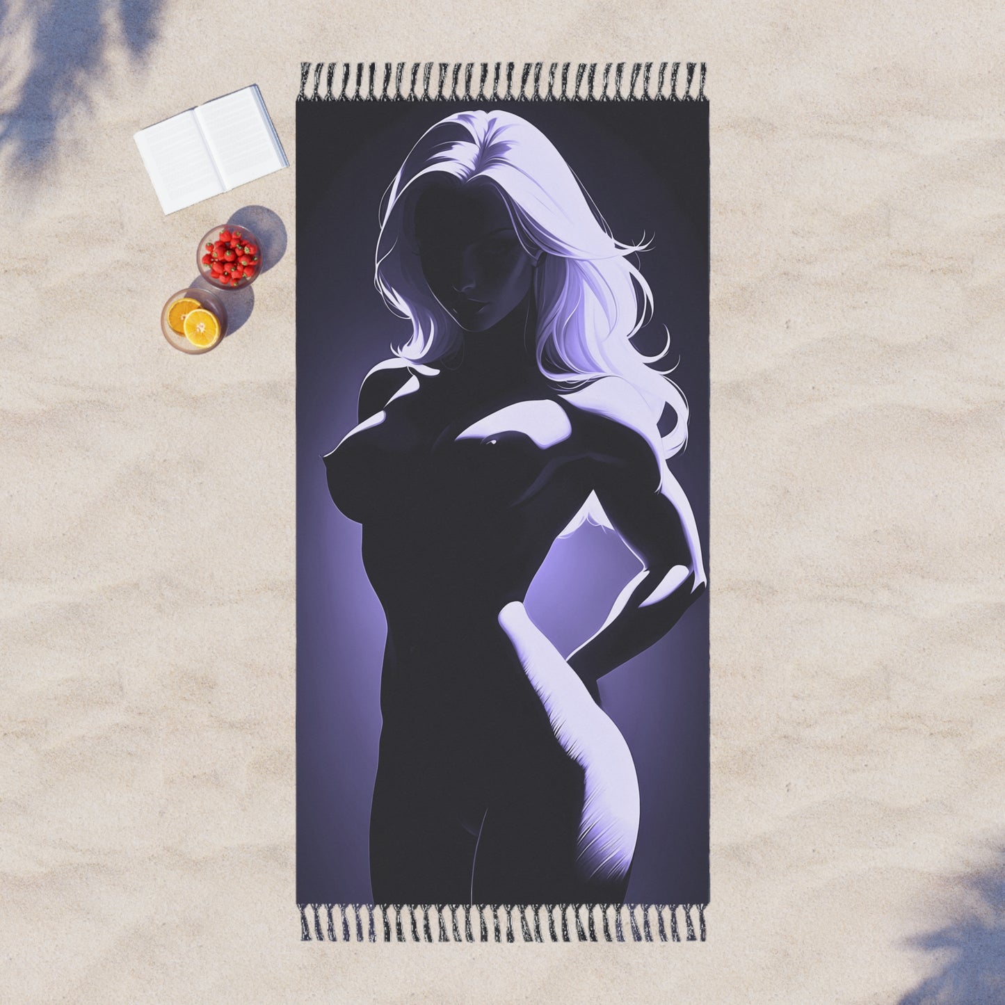 "Shadowed Radiance: Noir Silhouette of Elegance in Purple" - Towel - Boho Beach Towel