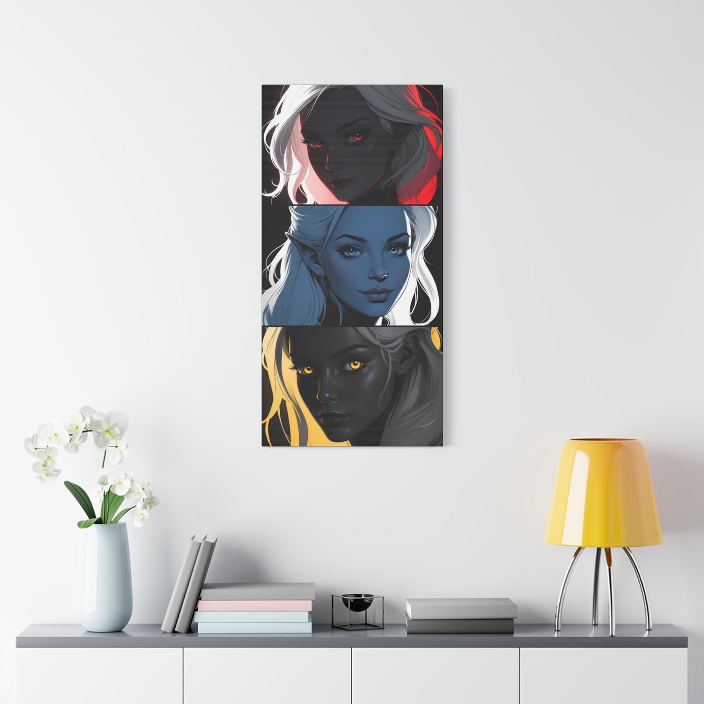 Triadic elegance: elf-like faces in red, blue and yellow