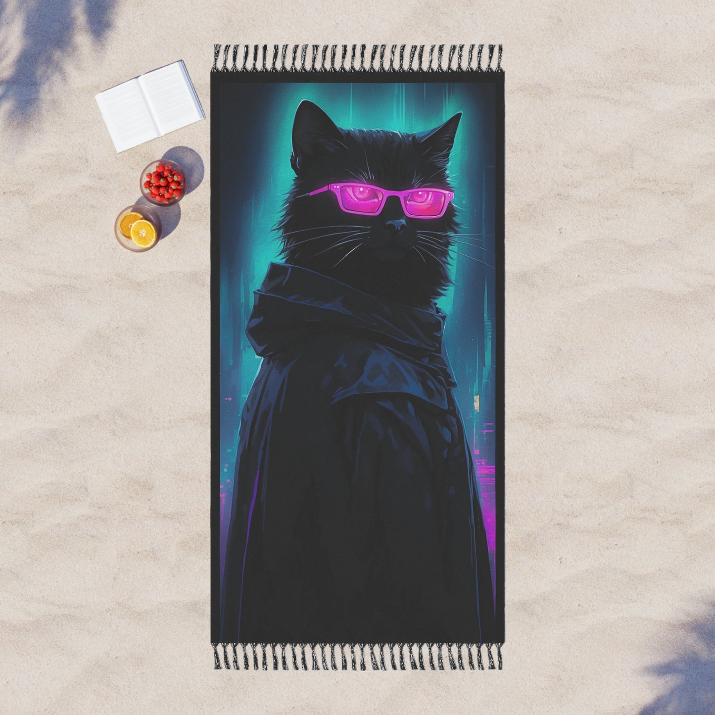 Midnight Glamour: Neon Colors on the Cat's Purr" - Towel - Boho Beach Towel