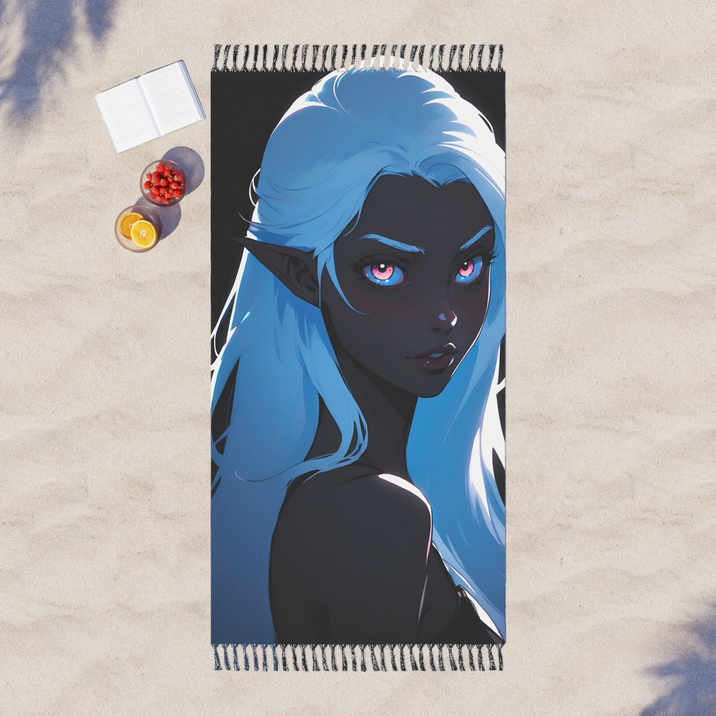 "Midnight Muse: Drow Elf Enchants Amidst the Shadows" - Towel - Boho Beach Towel