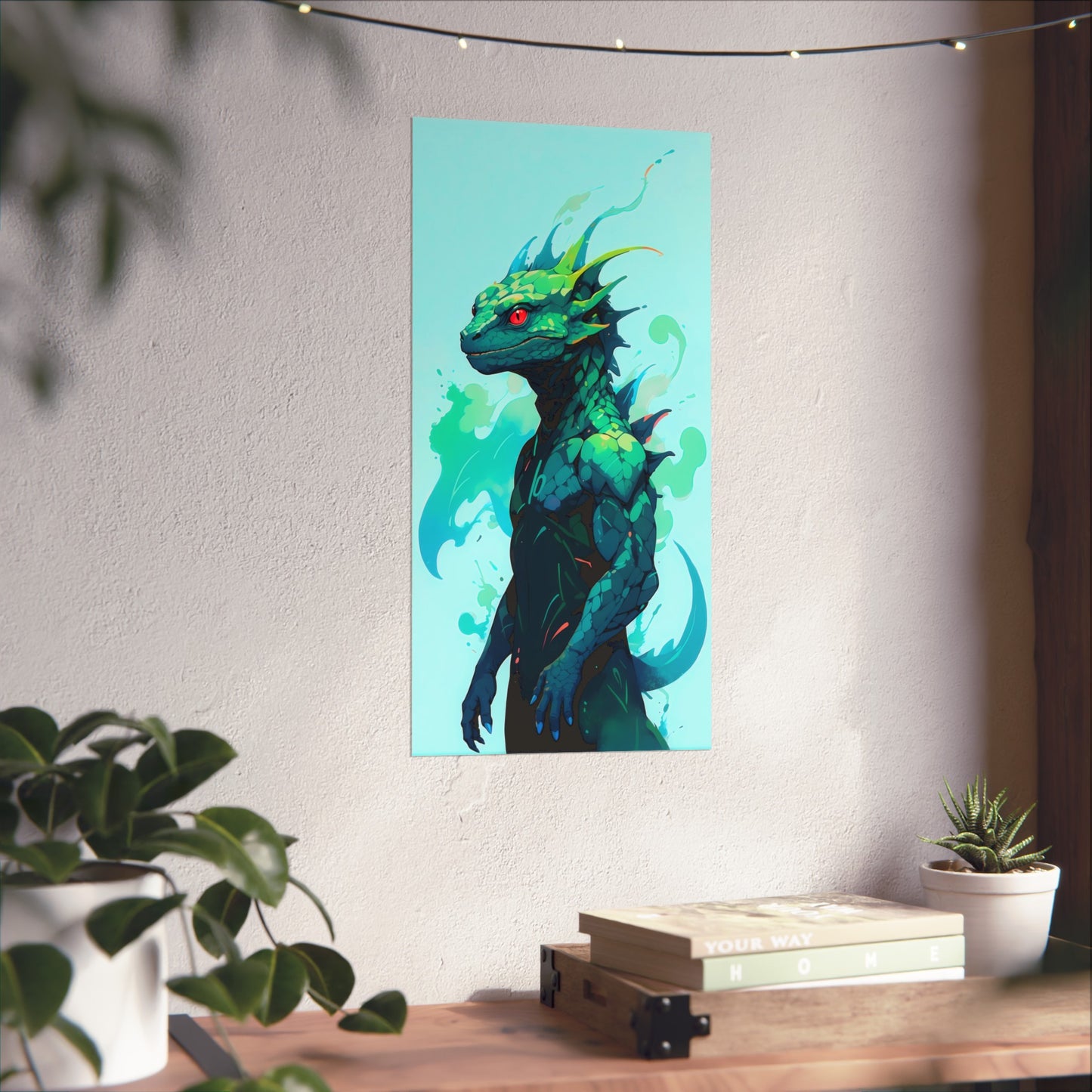 Splash of friendship: cartoon lizard in turquoise