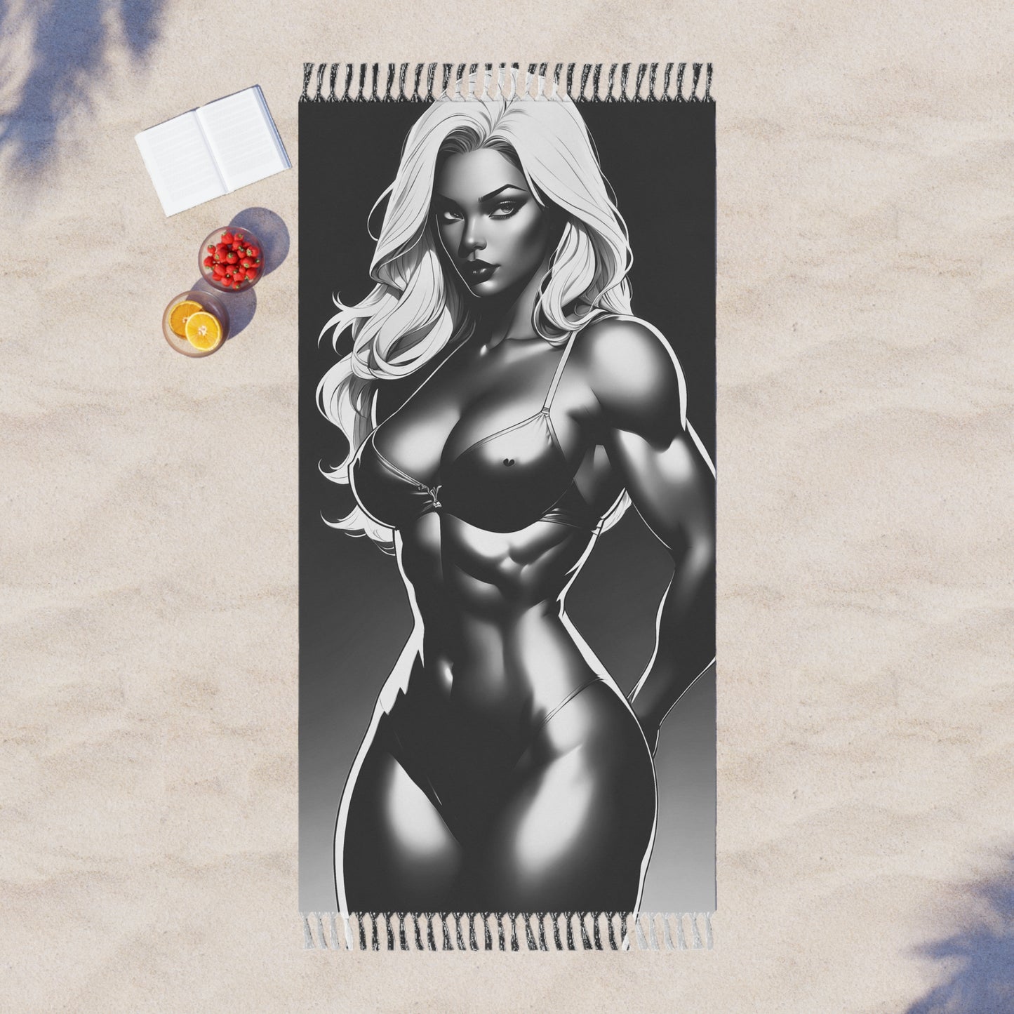 "Monochromatic Power: The Sculpted Strength of a Female Bodybuilder" - Towel - Boho Beach Towel