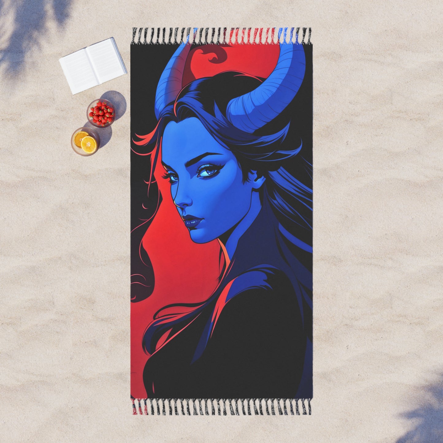 "Chromatic Temptation: The Allure of a Blue-Red Tiefling Beauty" - Towel - Boho Beach Towel