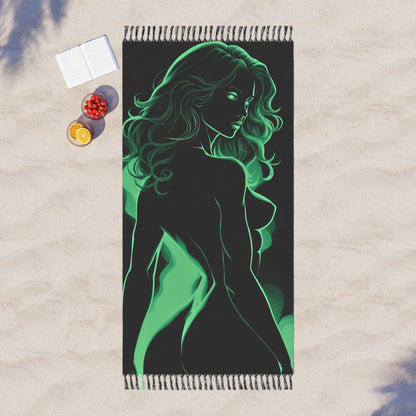 "Emerald Echo: The Enigmatic Silhouette in Shades of Green" - Towel - Boho Beach Towel