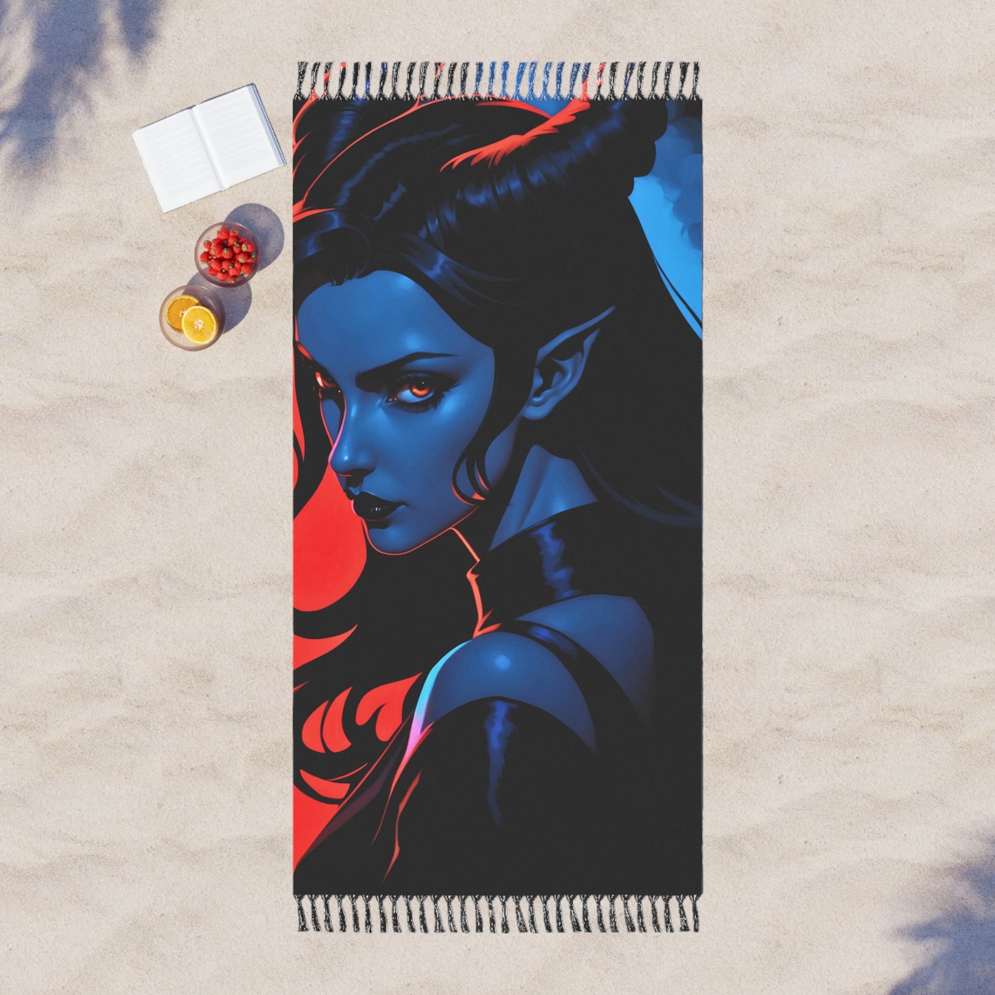 "Azurisches Inferno: Der Tanz des Tieflings in Blau und Rot" - Handtuch - Boho-Strandtuch