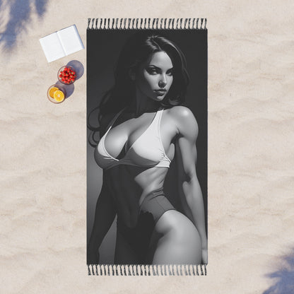 "Raven locks and iron will: The muscular courtesan in a captivating pose" - Towel - Boho beach towel