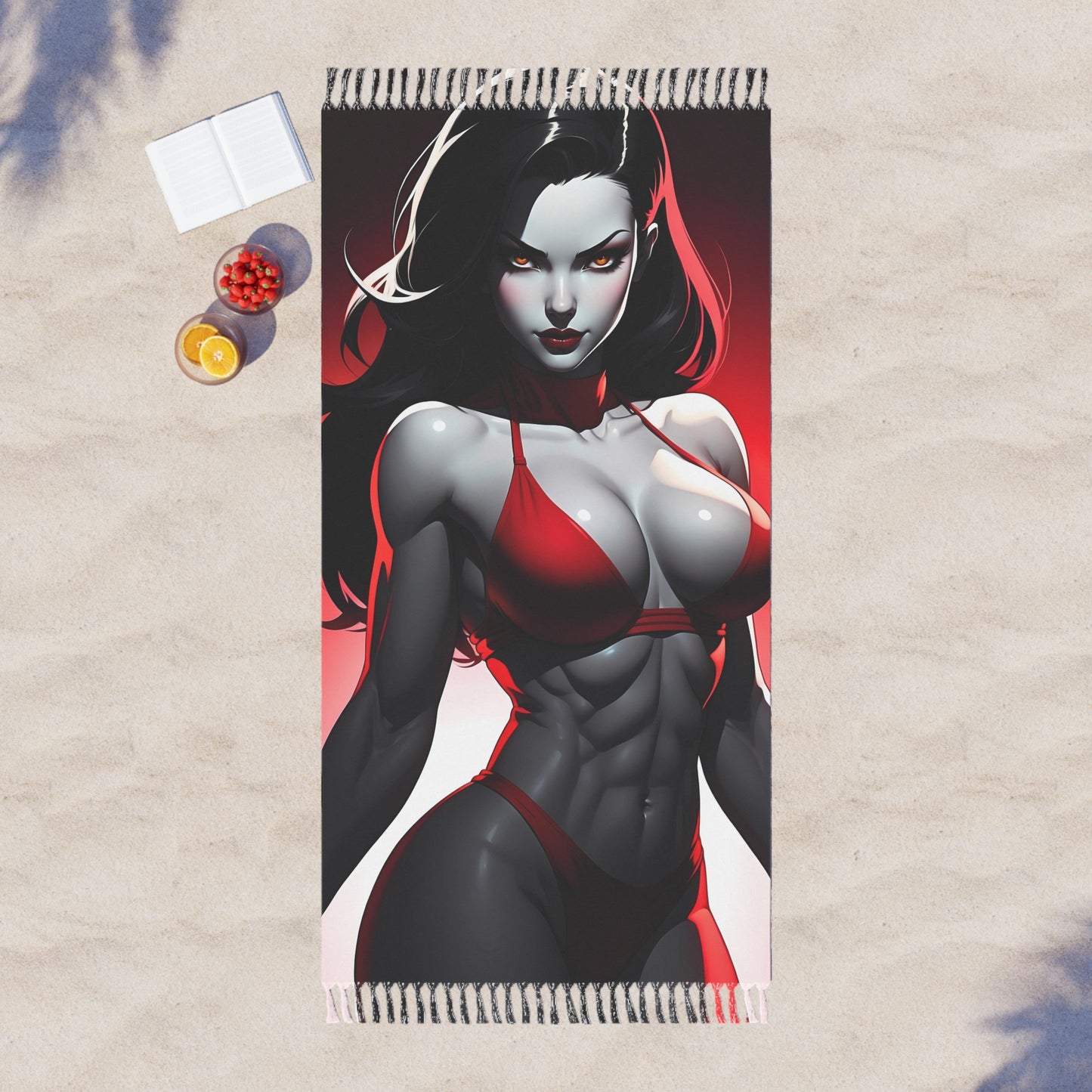 "Seductive Scarlet: The Beguiling Gaze of a Courtesan in a Red Bikini" - Towel - Boho Beach Towel