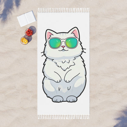 "Chill Cat Chronicles: Stylish Sunglasses &amp; Sandy Dreams" - Towel - Boho Beach Towel