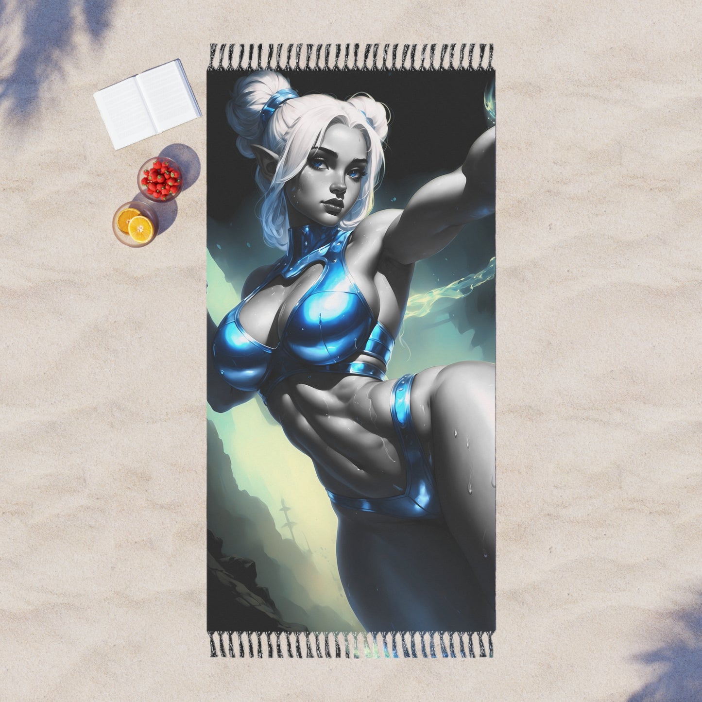 "Cerulean Guardian: A brave elf warrior in blue battle gear" - Towel - Boho Beach Towel