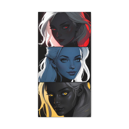 Triadic elegance: elf-like faces in red, blue and yellow