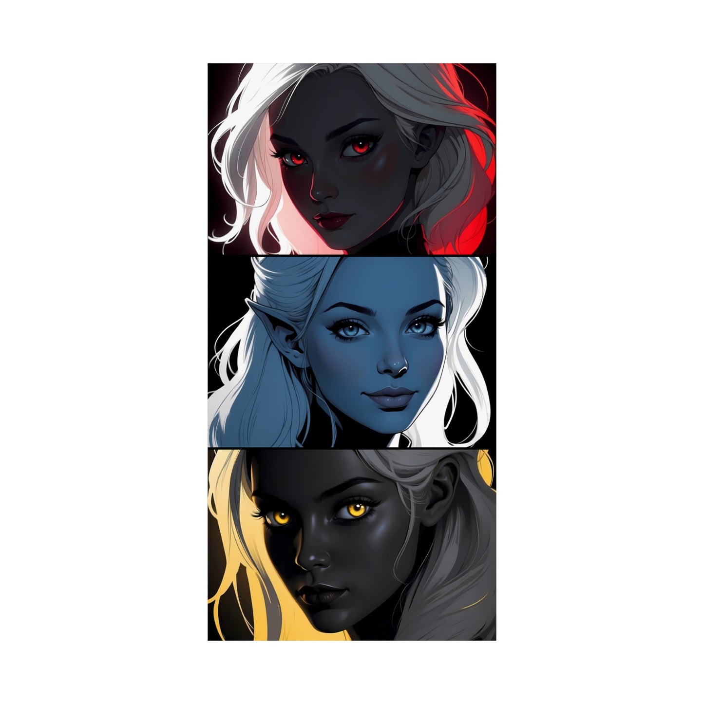 Elf faces in red, blue and yellow