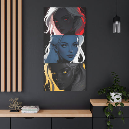 Triadic elegance: elf-like faces in red, blue and yellow