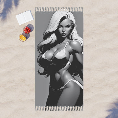 "Strength and Attitude: The Winning Pose of a Female Muscle Icon" - Towel - Boho Beach Towel