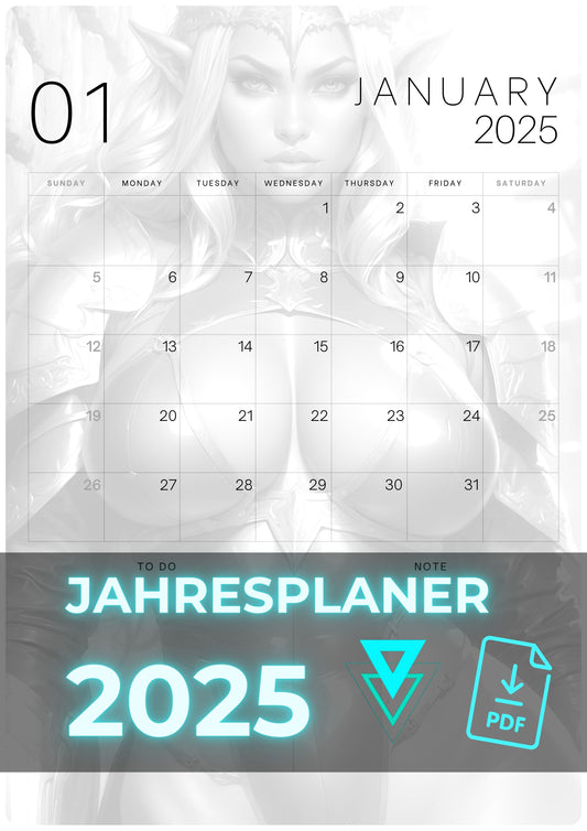 Jahresplaner 2025 | B & W Elfen Krieger | 12 Einzelbilder | PDF