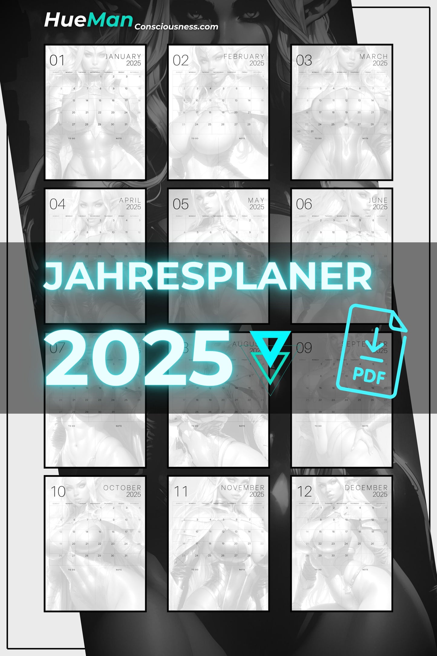 Jahresplaner 2025 | B & W Elfen Krieger | POSTER | PDF